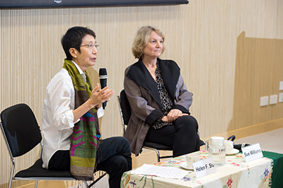 Prof. Helen F. Siu (left) moderating discussion after screening of “Death by Design,” with Director Sue Williams seated next to her