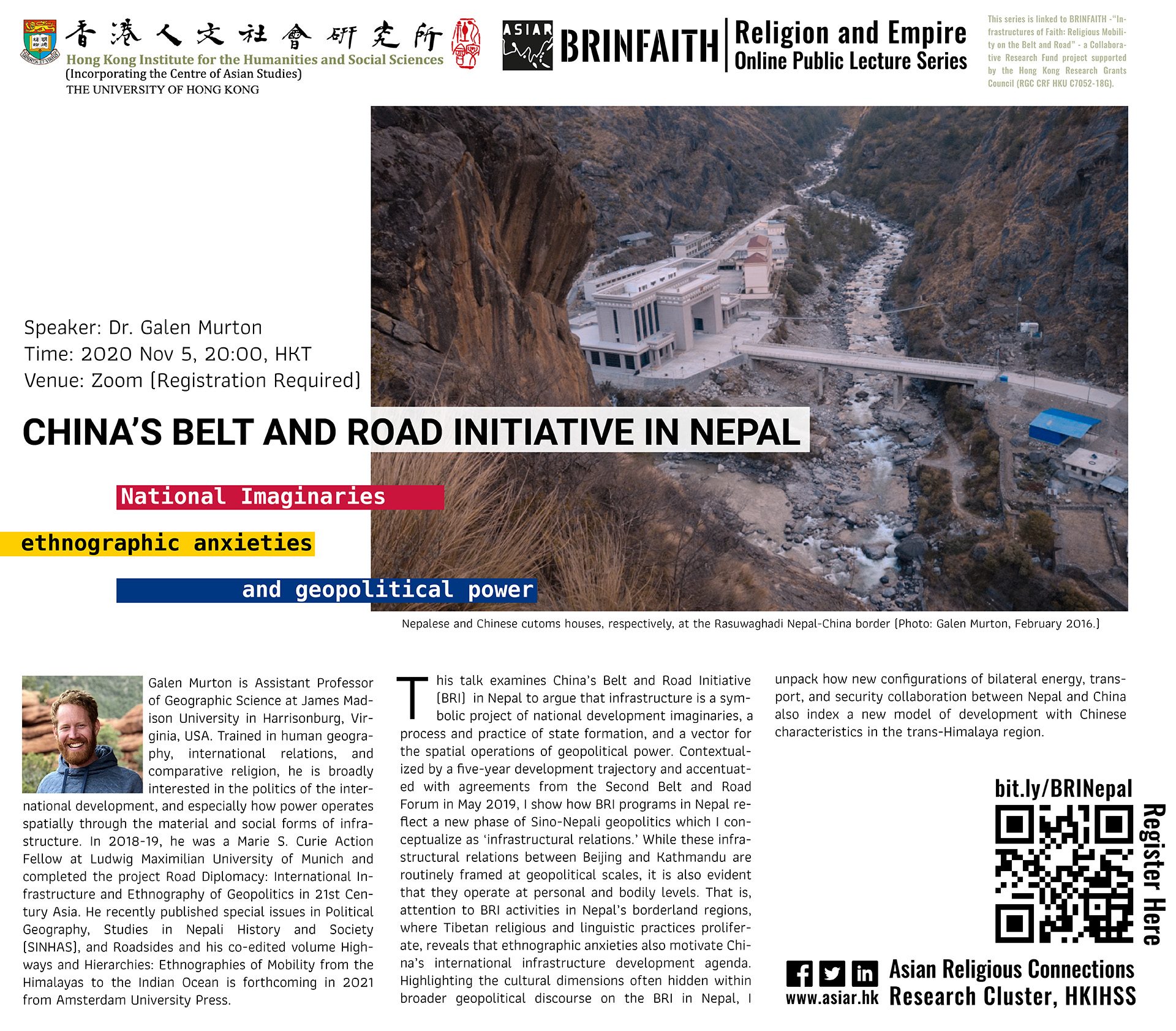 BRINFAITH Religion and Empire Lecture Series on “China’s Belt and Road Initiative in Nepal: National Imaginaries, Ethnographic Anxieties, and Geopolitical Power” by Dr. Galen Murton (November 5, 2020)