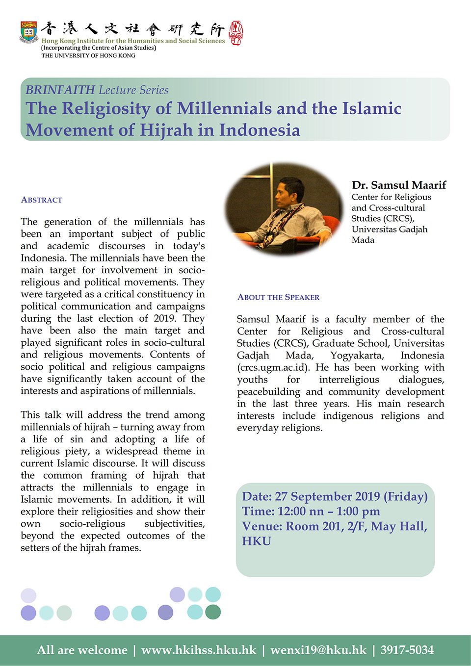 BRINFAITH Lecture Series on “The Religiosity of Millennials and the Islamic Movement of Hijrah in Indonesia” by Dr. Samsul Maarif (September 27, 2019)