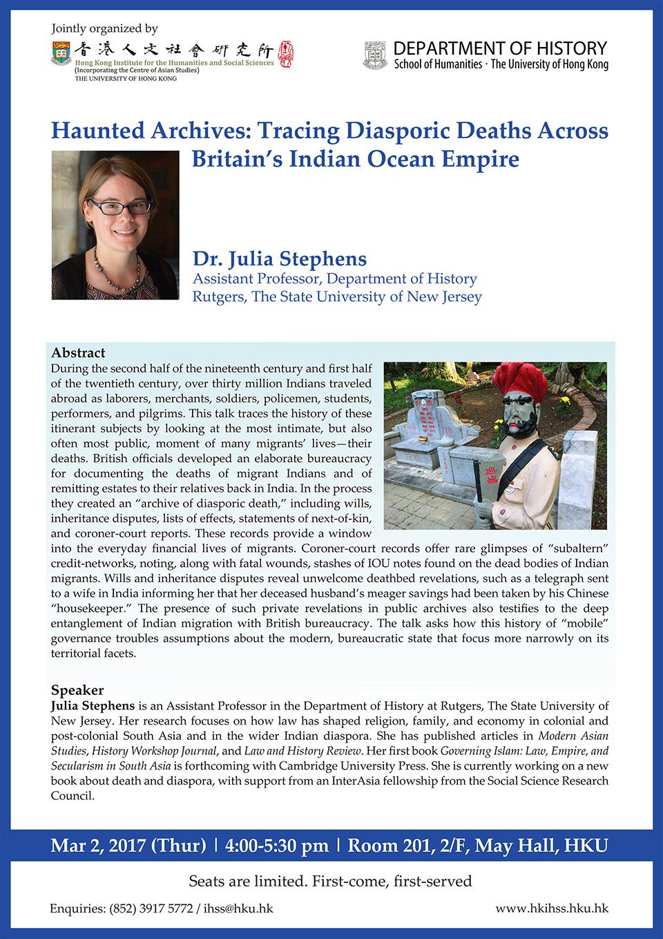 “Haunted Archives: Tracing Diasporic Deaths Across Britain’s Indian Ocean Empire” by Dr. Julia Stephens (March 2, 2017)