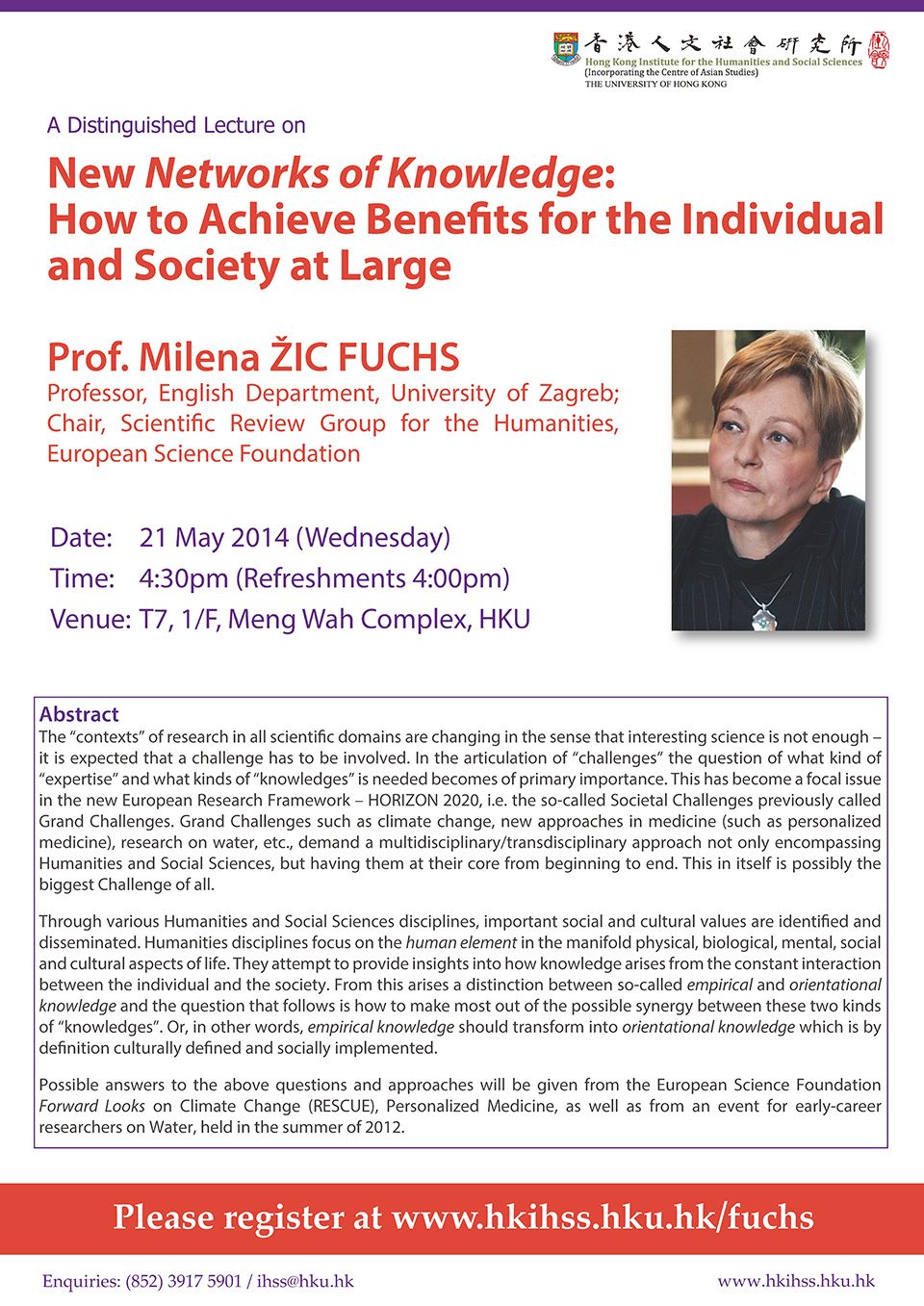 Distinguished Lecture on “New Networks of Knowledge: How to Achieve Benefits for the Individual and Society at Large” by Professor Milena Žic Fuchs (May 21, 2014)