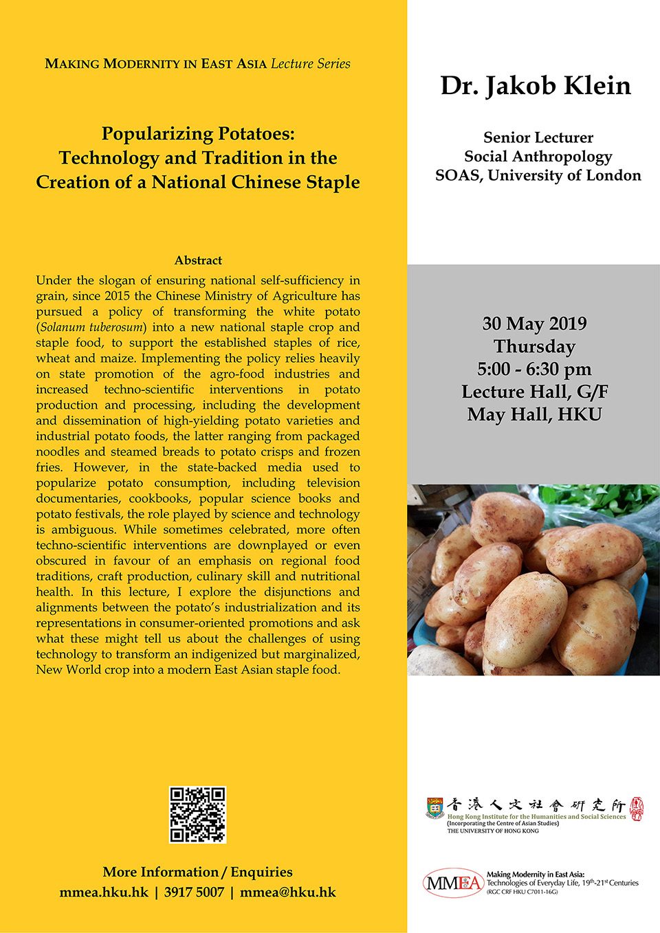 MMEA Lecture Series “Popularizing Potatoes: Technology and Tradition in the Creation of a National Chinese Staple” by Dr. Jakob Klein (May 30, 2019)