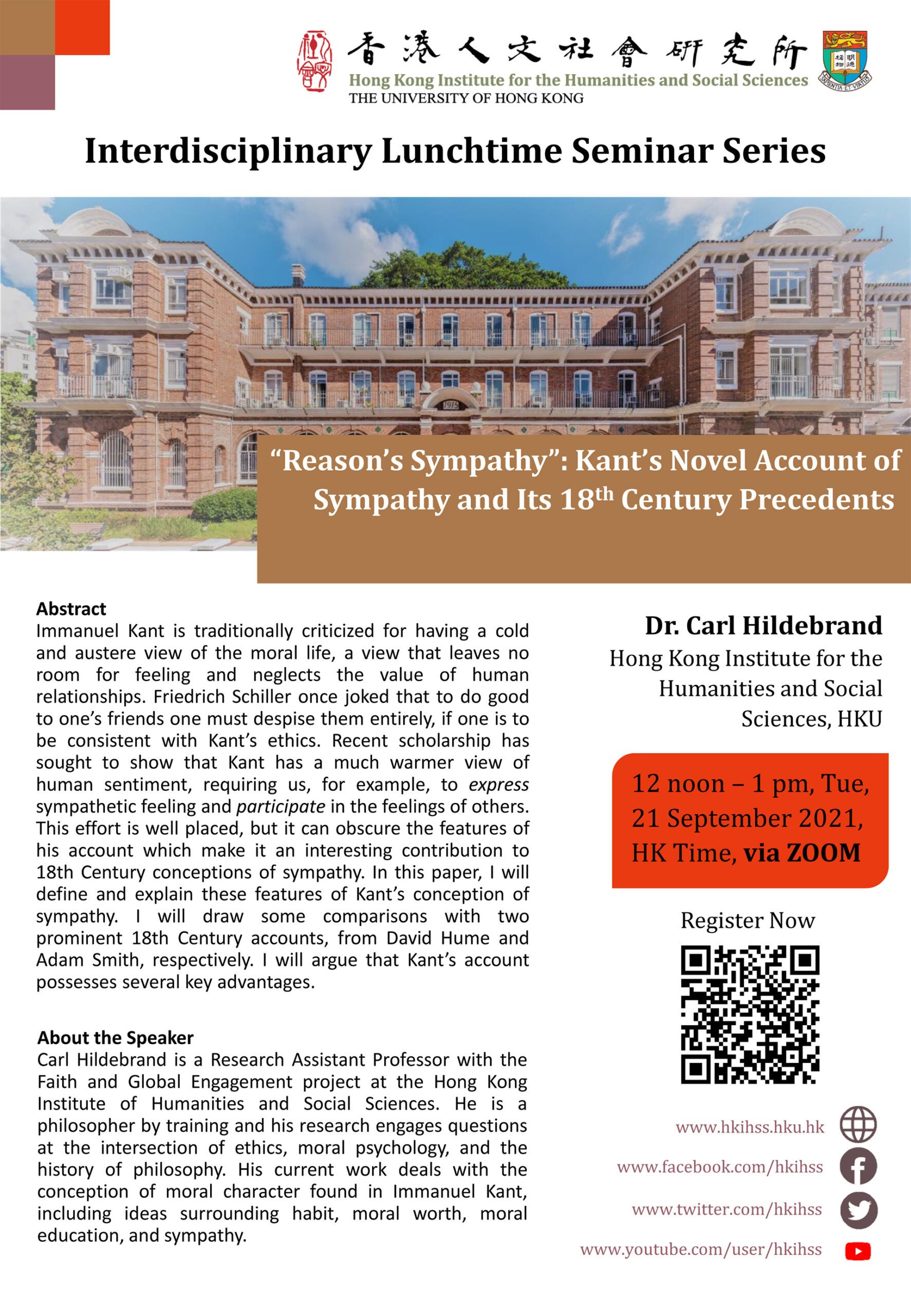 Interdisciplinary Lunchtime Seminar on ““Reason’s Sympathy”: Kant’s Novel Account of Sympathy and Its 18th Century Precedents” by Dr. Carl Hildebrand (September 21, 2021)