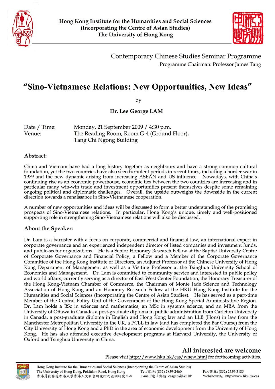 Seminar on “Sino-Vietnamese Relations: New Opportunities, New Ideas” by Dr. Lee George Lam (September 21, 2009)