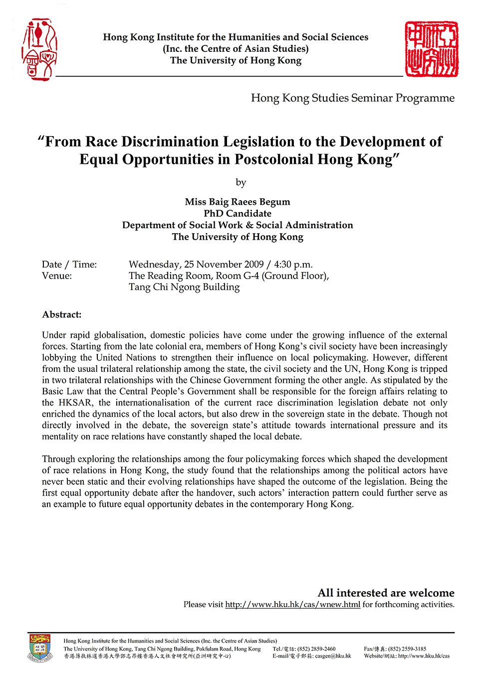 Seminar on “From Race Discrimination Legislation to the Development of Equal Opportunities in Postcolonial Hong Kong” by Miss Baig Raees Begum (November 25, 2009)