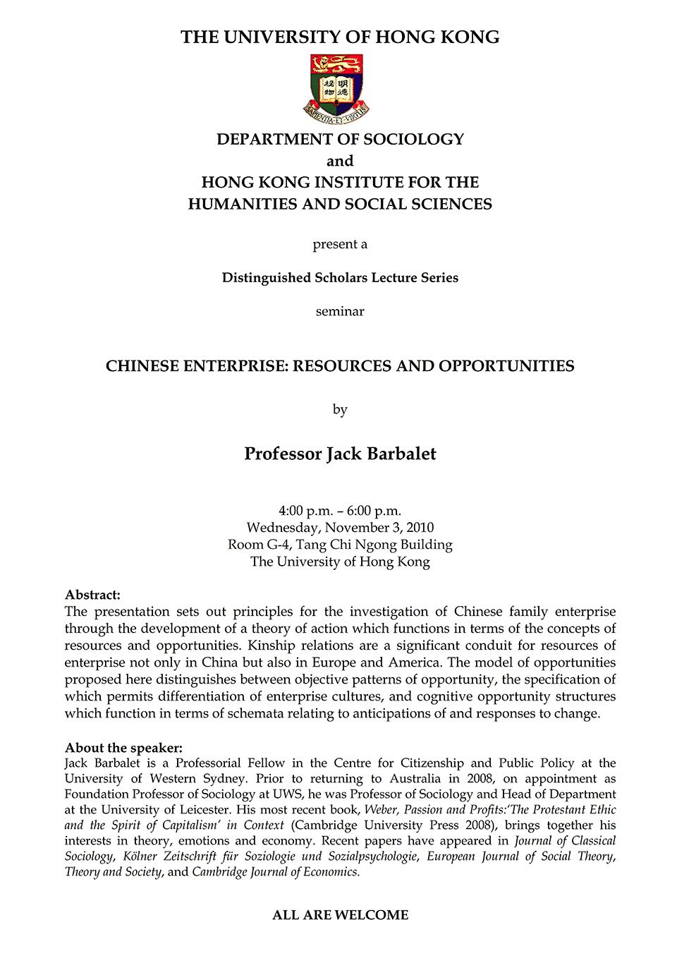 Seminar on “Chinese Enterprise: Resources and Opportunities” by Professor Jack Barbalet (November 3, 2010)