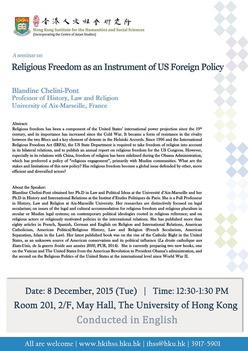 Seminar on “Religious Freedom as an Instrument of US Foreign Policy” by Professor Blandine Chelini-Pont (December 8, 2015)
