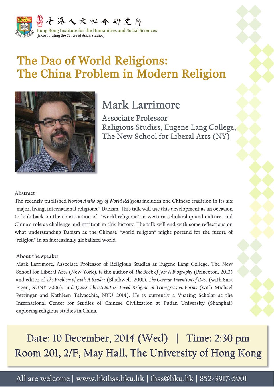 Seminar on “The Dao of World Religions: The China Problem in Modern Religion” by Dr. Mark Larrimore (December 10, 2014)