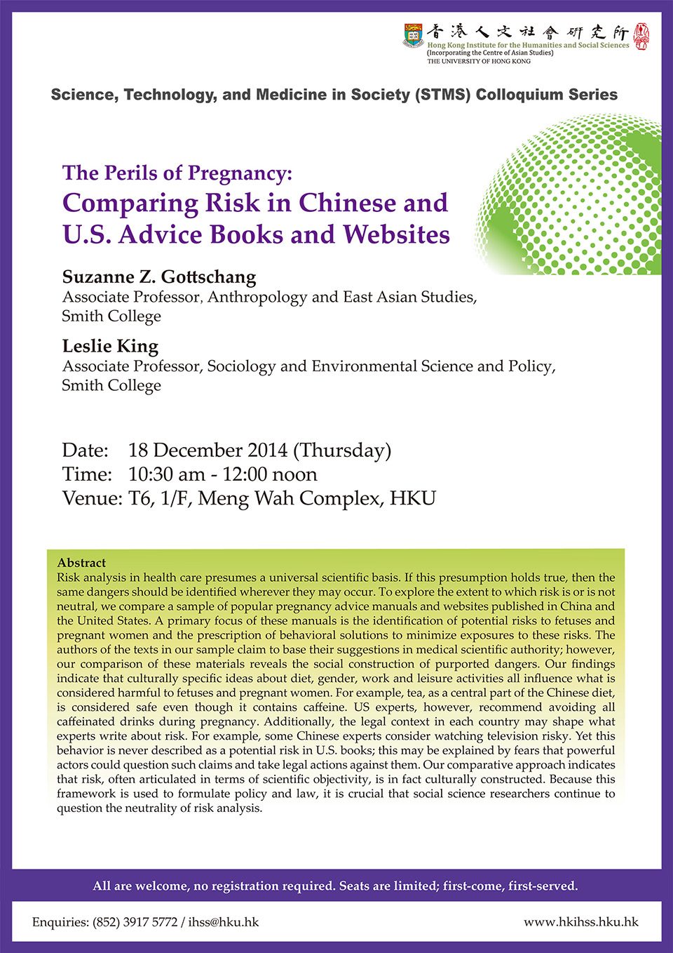 STMS Colloquium Series Lecture on “The Perils of Pregnancy: Comparing Risk in Chinese and U.S. Advice Books and Websites” by Dr. Suzanne Z. Gottschang (December 18, 2014)