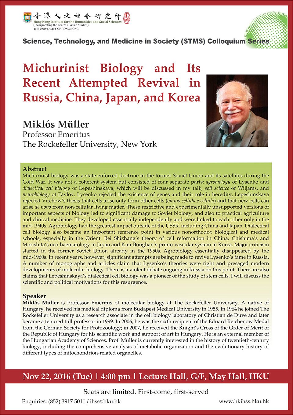 Public Lecture on “Michurinist Biology and Its Recent Attempted Revival in Russia, China, Japan, and Korea” by Prof. Miklós Müller (November 22, 2016)